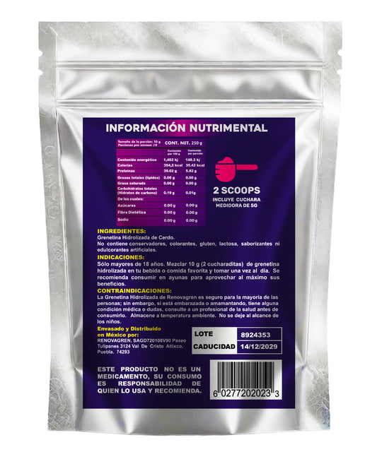 Grenetina Hidrolizada Alemana de Cerdo - Colágeno Hidrolizado en polvo 250 gramos