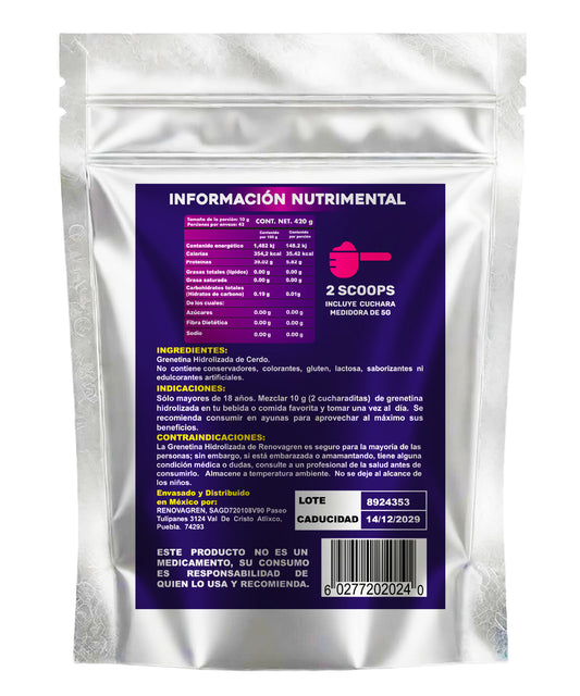 Grenetina Hidrolizada de Cerdo Alemana 100% Pura - Colágeno Hidrolizado en polvo 420 gramos