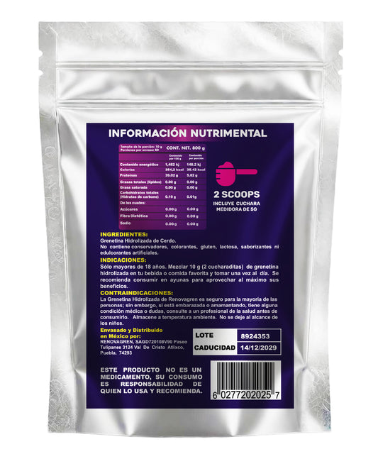 Grenetina Hidrolizada de Cerdo Alemana 100% Pura - Colágeno Hidrolizado en polvo 800 gramos - 95% de biodisponibilidad - Salud Articular, Huesos Fuertes, Piel Radiante, Cabello y Uñas Saludables