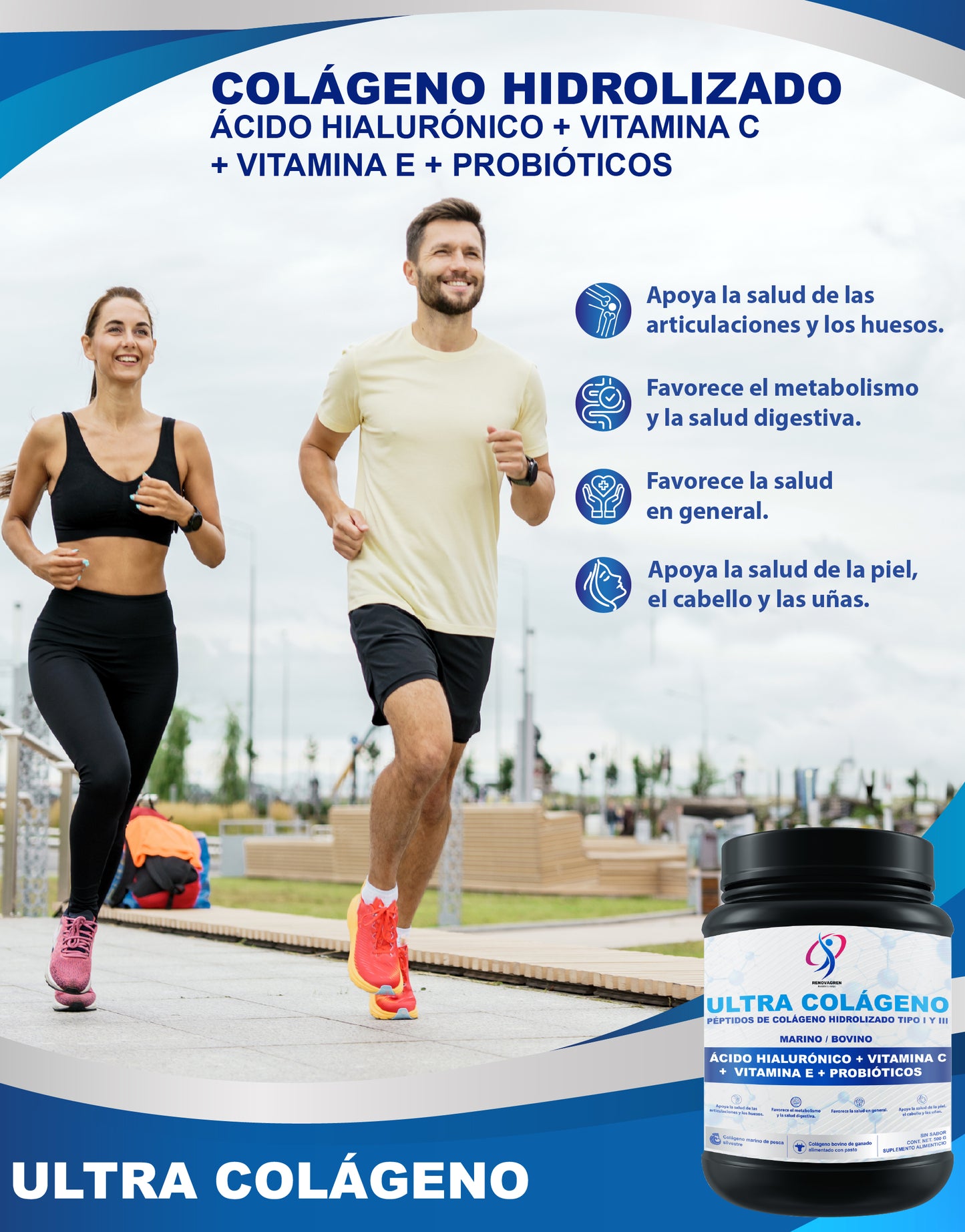 ULTRA COLÁGENO: PÉPTIDOS DE COLÁGENO HIDROLIZADO BOVINO Y MARINO ENRIQUECIDOS CON CON ÁCIDO HIALURÓNICO + VITAMINA C + VITAMINA E + PROBIÓTICOS