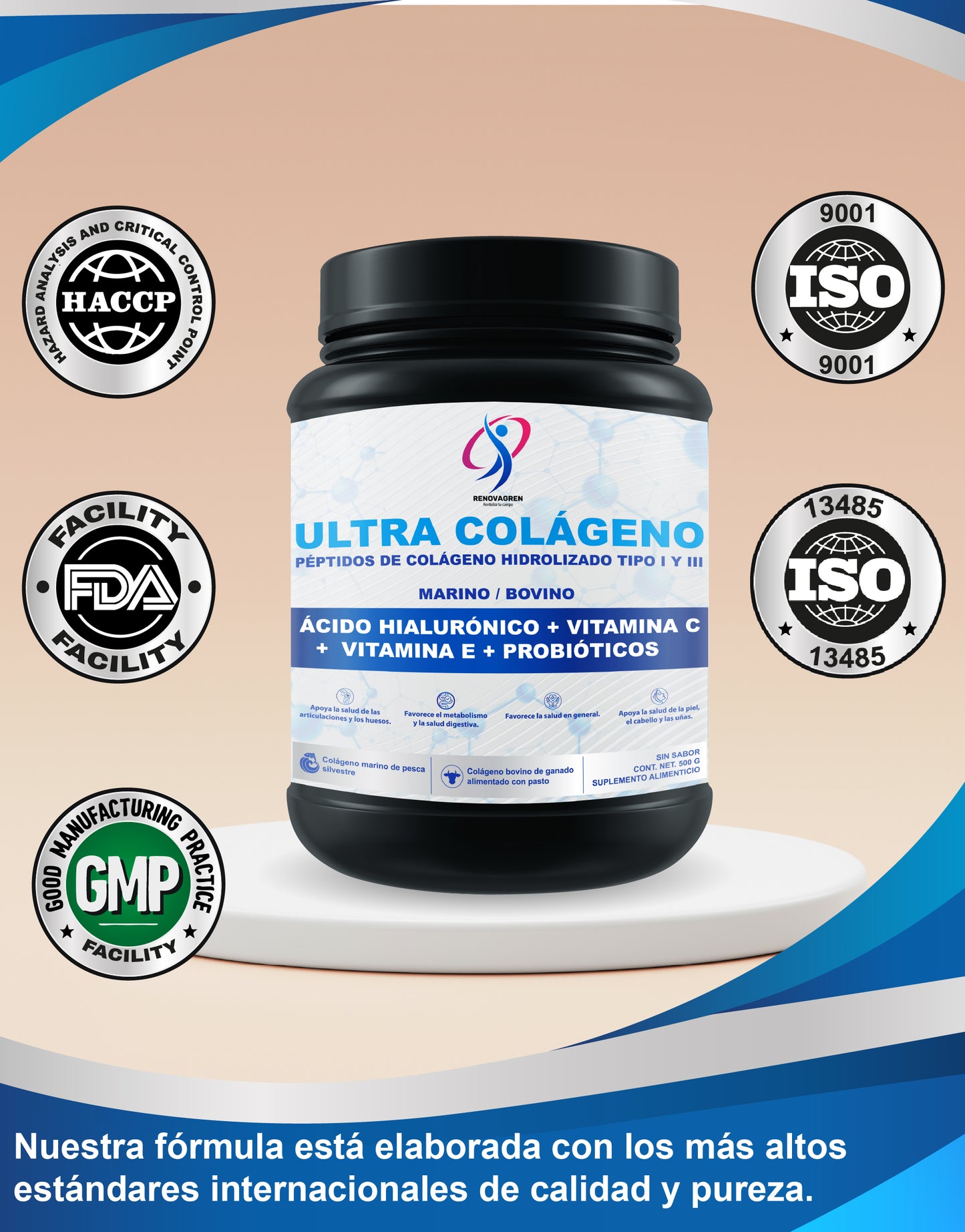 ULTRA COLÁGENO: PÉPTIDOS DE COLÁGENO HIDROLIZADO BOVINO Y MARINO ENRIQUECIDOS CON CON ÁCIDO HIALURÓNICO + VITAMINA C + VITAMINA E + PROBIÓTICOS