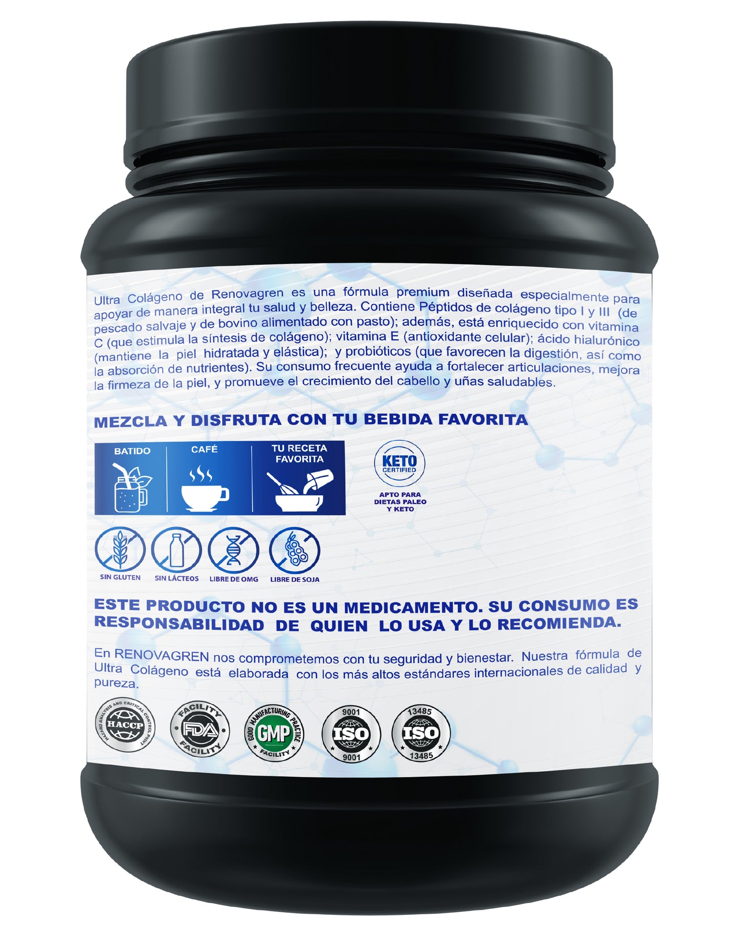 ULTRA COLÁGENO: PÉPTIDOS DE COLÁGENO HIDROLIZADO BOVINO Y MARINO ENRIQUECIDOS CON CON ÁCIDO HIALURÓNICO + VITAMINA C + VITAMINA E + PROBIÓTICOS