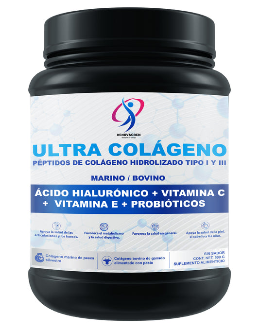 ULTRA COLÁGENO: PÉPTIDOS DE COLÁGENO HIDROLIZADO BOVINO Y MARINO ENRIQUECIDOS CON CON ÁCIDO HIALURÓNICO + VITAMINA C + VITAMINA E + PROBIÓTICOS