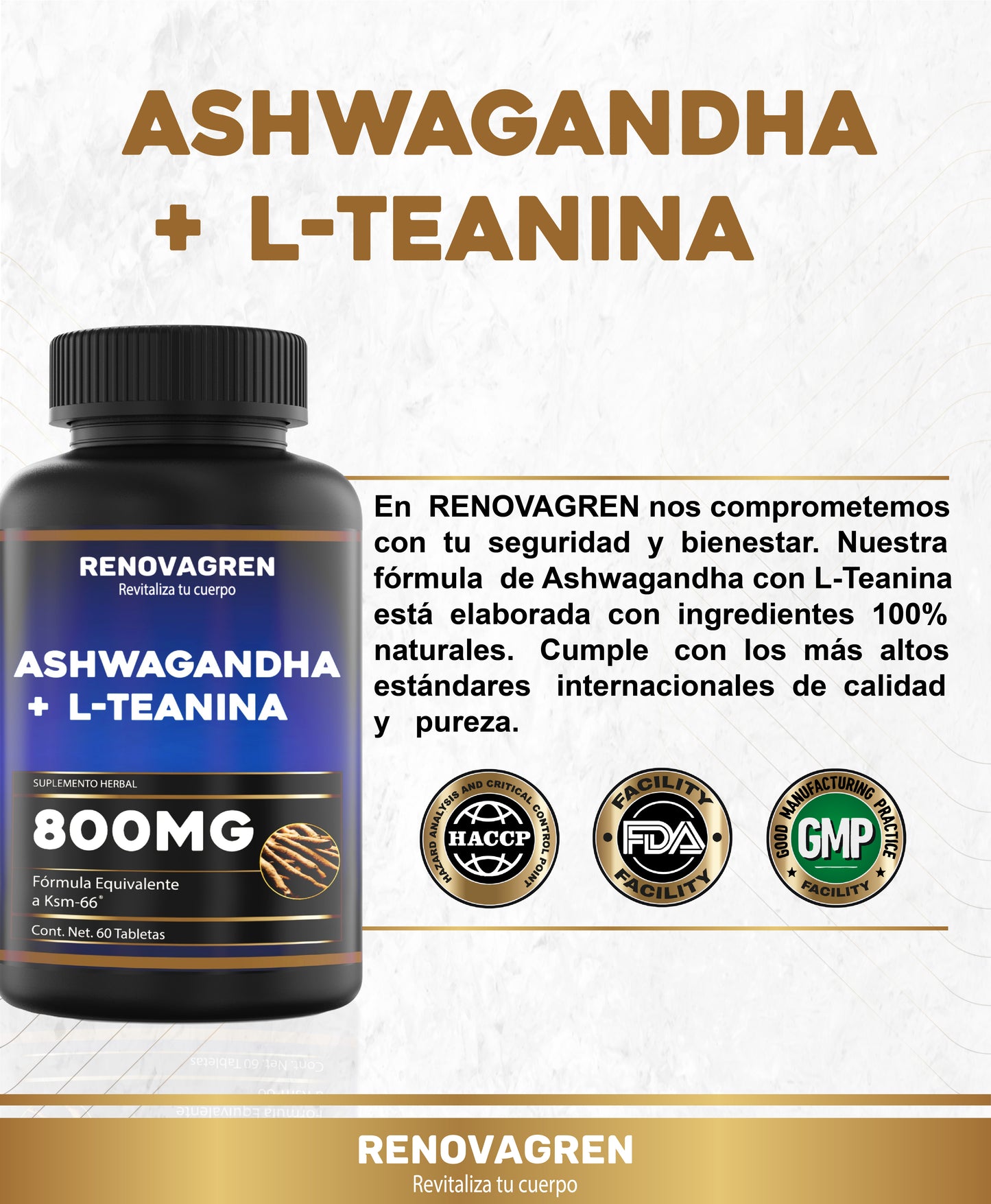 Ashwagandha con L-Teanina (KSM-66) Renovagren – Energía, Calma y Enfoque Mental