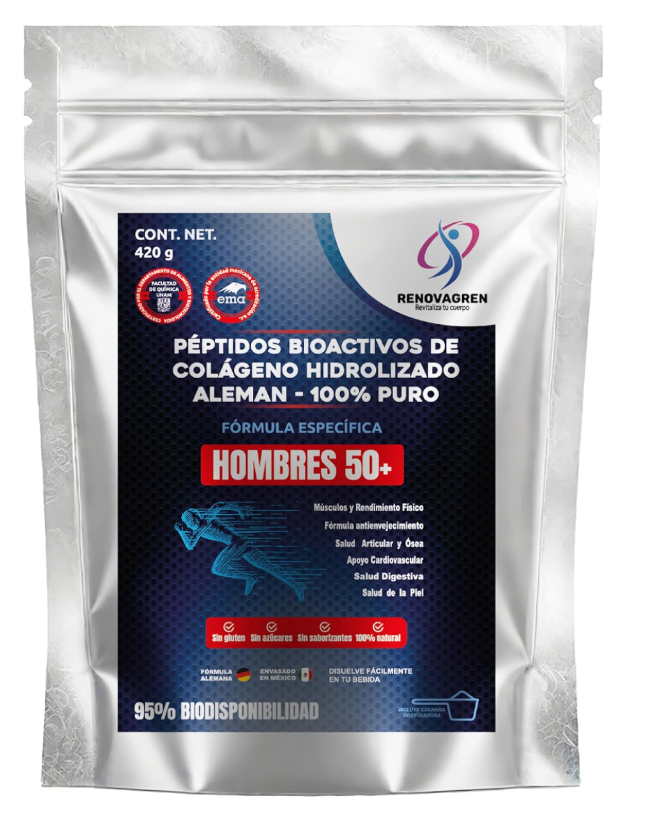 Péptidos de Colágeno Alemán Hombre +50 Años 420 gramos | Fórmula Antienvejecimiento de Colágeno Hidrolizado 100% Puro