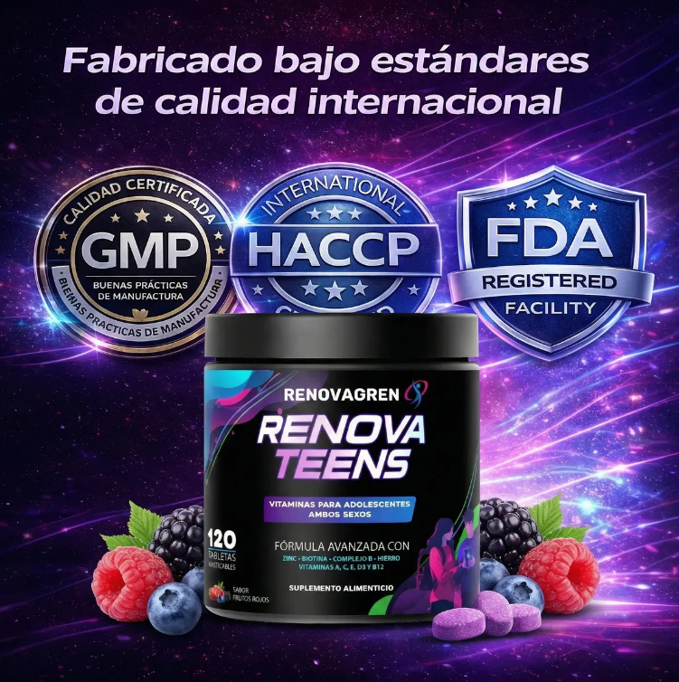 Renova Teens Vitaminas Adolescentes 12-18 años Inmunidad Enfoque Energía Piel Saludable Rendimiento 120 Tabletas Masticables Frutos Rojos