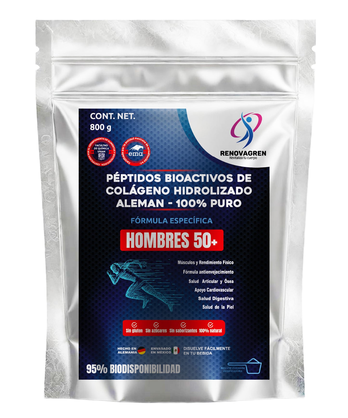 Péptidos de Colágeno Alemán Hombre +50 Años 800 gramos | Fórmula Antienvejecimiento de Colágeno Hidrolizado 100% Puro