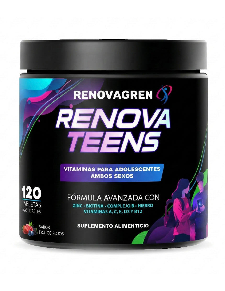 Renova Teens Vitaminas Adolescentes 12-18 años Inmunidad Enfoque Energía Piel Saludable Rendimiento 120 Tabletas Masticables Frutos Rojos