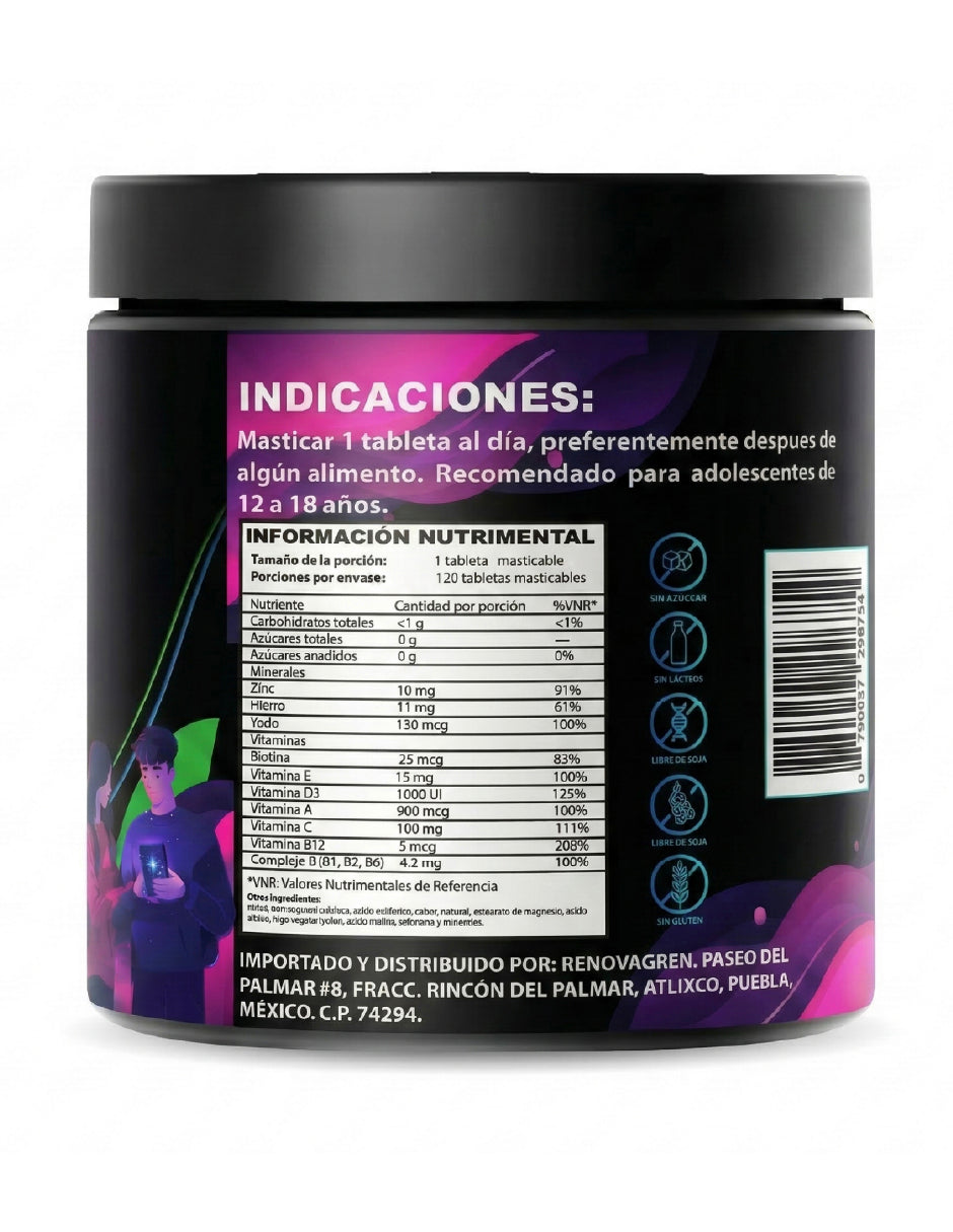 Renova Teens Vitaminas Adolescentes 12-18 años Inmunidad Enfoque Energía Piel Saludable Rendimiento 120 Tabletas Masticables Frutos Rojos