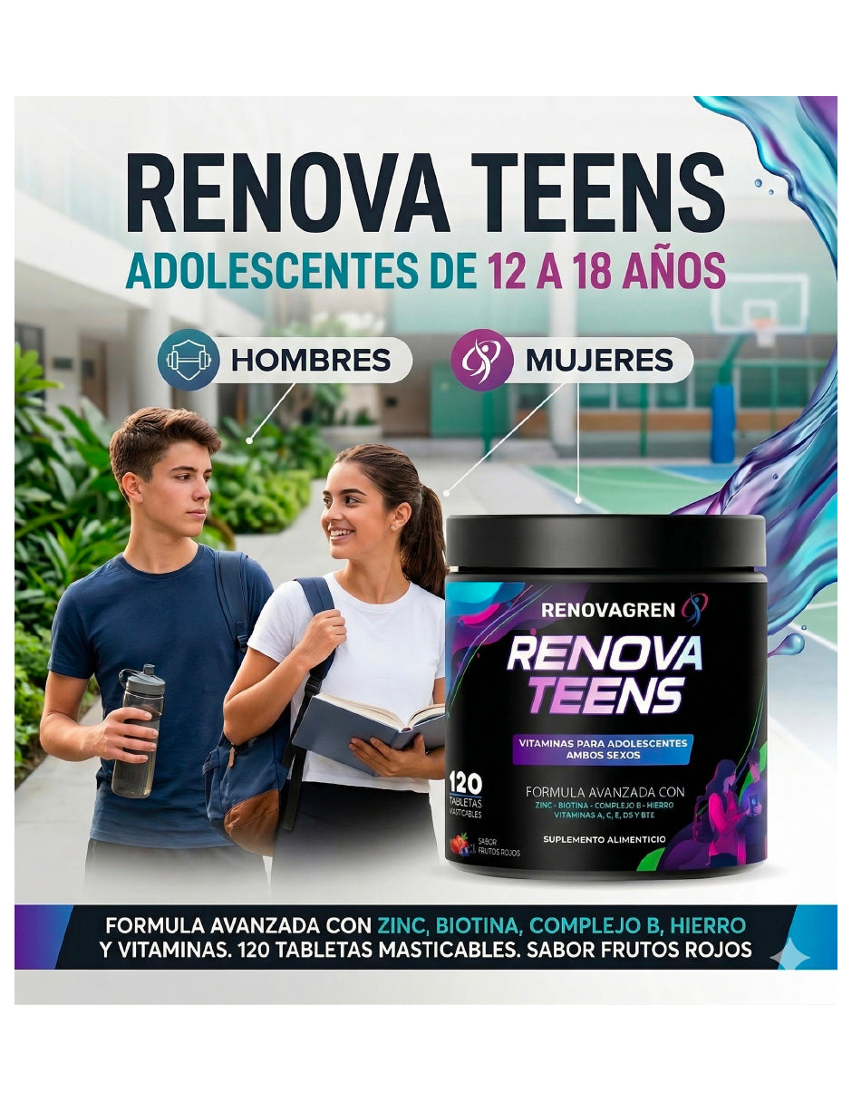 Renova Teens Vitaminas Adolescentes 12-18 años Inmunidad Enfoque Energía Piel Saludable Rendimiento 120 Tabletas Masticables Frutos Rojos