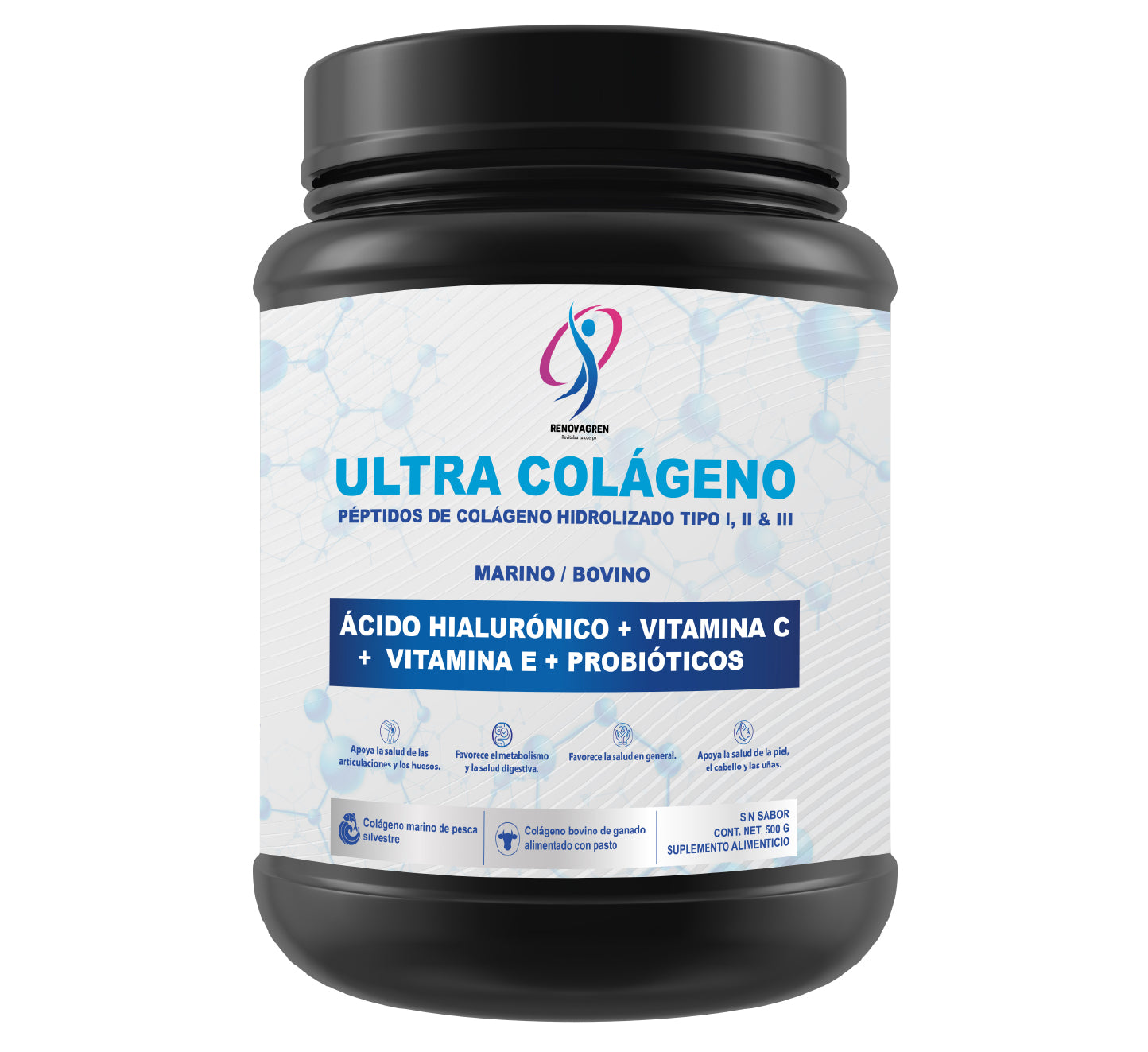 ULTRA COLÁGENO: PÉPTIDOS DE COLÁGENO HIDROLIZADO BOVINO Y MARINO ENRIQUECIDOS CON CON ÁCIDO HIALURÓNICO + VITAMINA C + VITAMINA E + PROBIÓTICOS
