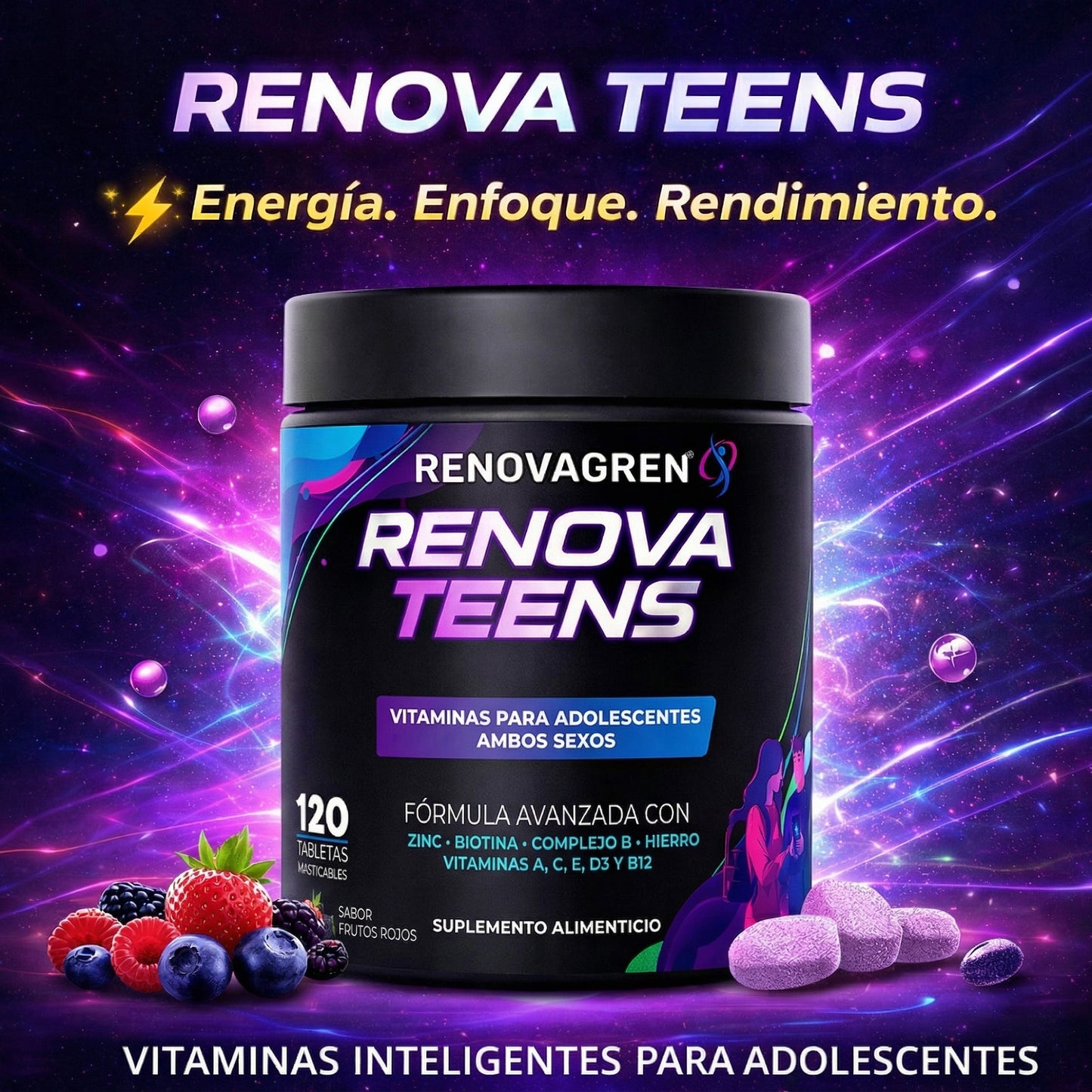 Renova Teens Vitaminas Adolescentes 12-18 años Inmunidad Enfoque Energía Piel Saludable Rendimiento 120 Tabletas Masticables Frutos Rojos