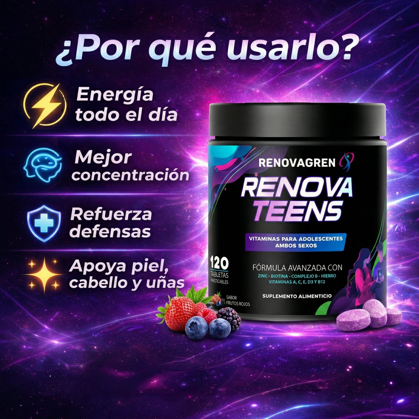 Renova Teens Vitaminas Adolescentes 12-18 años Inmunidad Enfoque Energía Piel Saludable Rendimiento 120 Tabletas Masticables Frutos Rojos
